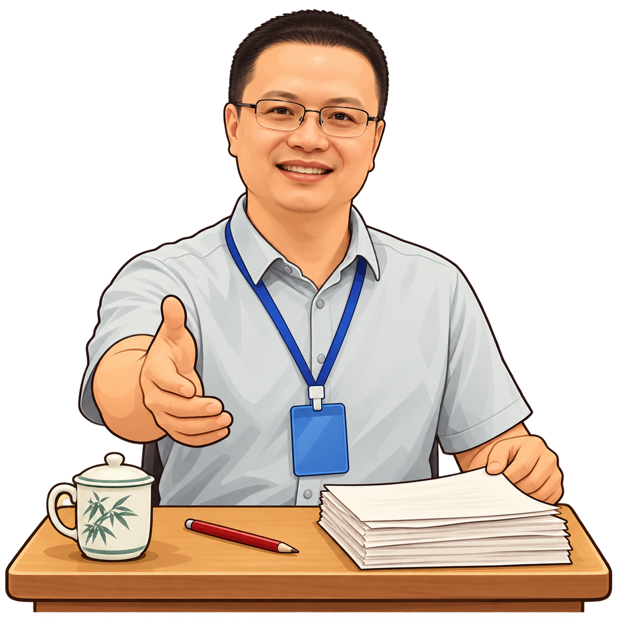 豆包导师的卡通形象：短发、眼镜、微笑、浅色衬衫和蓝色挂绳